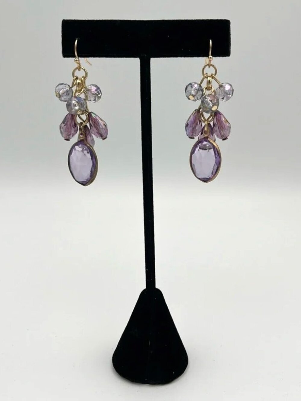 Cascading Teardrop Bead Earrings – Purple & Clear Statement Dangles
